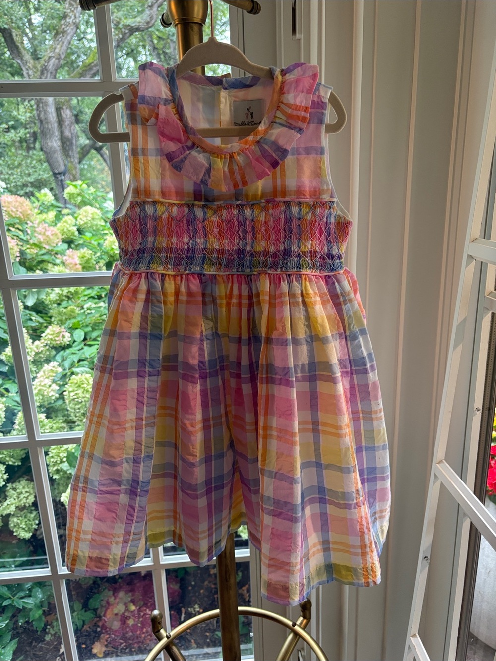 Smocked Plaid Ruffle-Neck Kids Dress in Pastel Multi by boutique - Maddie&Connor
